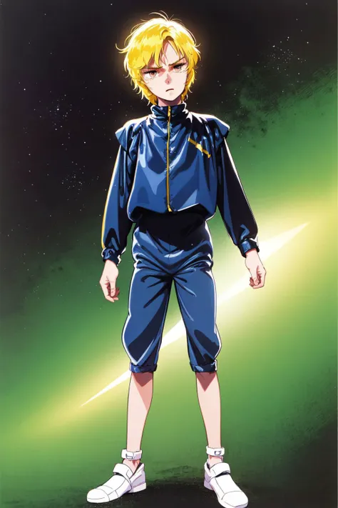 full body, solo, 1boy, male focus, miserable, yellow hair, cream eyes, suit shorts, beautiful detailed face, glitter particles, space background <lora:Hiroyuki_kitazume_style_v01:1>