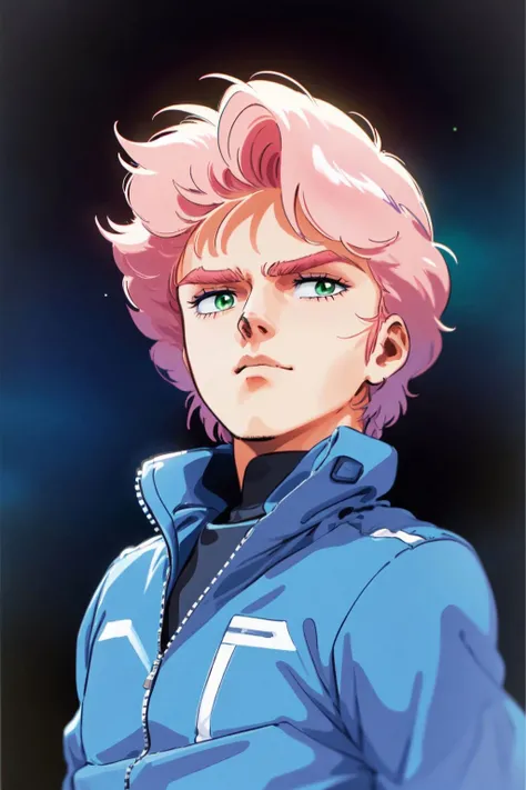 cowboy shot, solo, 1boy, male focus, guilty, pink hair, green eyes, windbreaker, beautiful detailed face, no light, space background <lora:Hiroyuki_kitazume_style_v01:1>