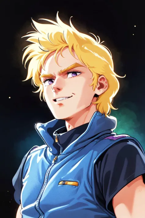 upper body, solo, 1boy, male focus, naughty smile, golden hair, light purple eyes, sweatshirt, beautiful detailed face, sidelighting, space background <lora:Hiroyuki_kitazume_style_v01:1>