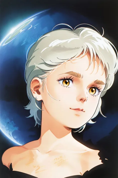 portrait, solo, 1girl, :>, light grey hair, yellow eyes, suit, beautiful detailed face, day, space background <lora:Hiroyuki_kitazume_style_v01:1>