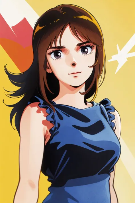 upper body, solo, 1girl, :>, dark brown hair, black eyes, maxi dress, beautiful detailed face, sunbeam, space background <lora:Hiroyuki_kitazume_style_v01:1>