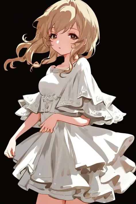1girl, solo, white dress, black background, simple background, cowboy shot,