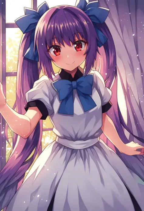 1girl,
original,
solo, smile, indoors, long hair, red eyes, window, twintails, purple hair, looking at viewer, cowboy shot, dress, hair bow, bow, very long hair, blush, short sleeves, puffy short sleeves, white dress, blue bow,