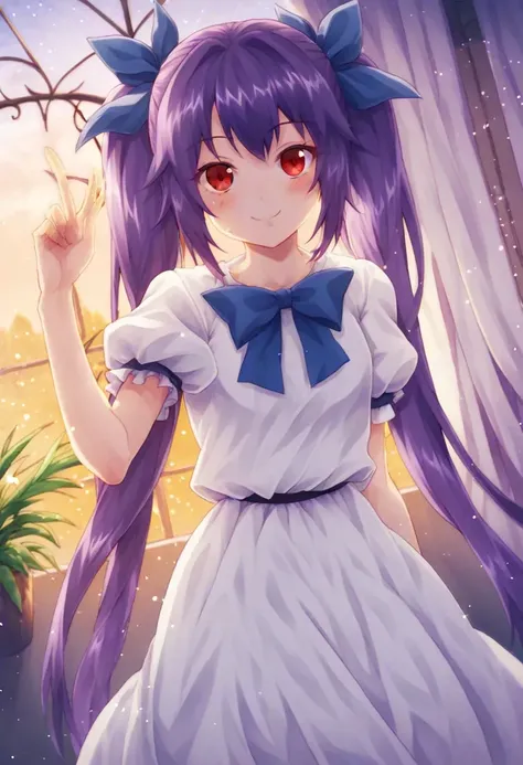 1girl, 
original, 
solo, smile, indoors, long hair, red eyes, window, twintails, purple hair, looking at viewer, cowboy shot, dress, hair bow, bow, very long hair, blush, short sleeves, puffy short sleeves, white dress, blue bow,
