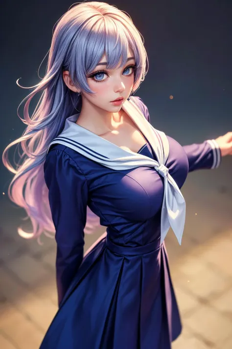 (ultra realistic,32k, masterpiece:1.2),(high detailed skin:1.1), 8k uhd, dslr, high quality,(makeup, mascara:0.9), (thick\lips\),
<lora:IzayoiMiku:0.7>IzayoiMiku, long hair, IzayoiSchool, school uniform, sailor dress, blue dress, , <lora:add_detail:1>, huge breast,
(looking at viewer, standing, from above:1.1),,
,(volumetric lighting:1.1), blank background