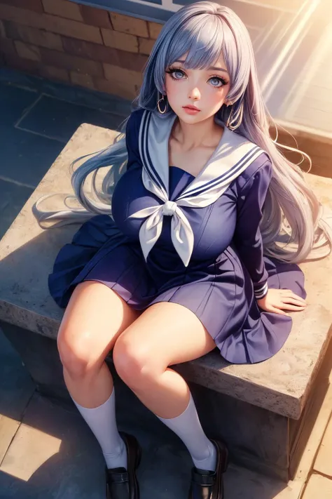 (ultra realistic,32k, masterpiece:1.2),(high detailed skin:1.1), 8k uhd, dslr, high quality,(makeup, mascara:0.9), (thick\lips\),
<lora:IzayoiMiku:0.7>IzayoiMiku, long hair, IzayoiSchool, school uniform, sailor dress, blue dress, , <lora:add_detail:0.86>, huge breast,
(looking at viewer, sitting, from above:1.1),,
,(dense light rays:1.1), blank background