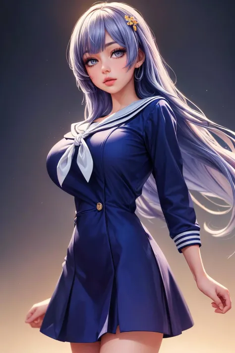 (ultra realistic,32k, masterpiece:1.2),(high detailed skin:1.1), 8k uhd, dslr, high quality,(makeup, mascara:0.9), (thick\lips\),
<lora:IzayoiMiku:0.7>IzayoiMiku, long hair, IzayoiSchool, school uniform, sailor dress, blue dress, , <lora:add_detail:1>, huge breast,
(looking at viewer, portrait:1.1),,
,(tenebrism:1.1), blank background