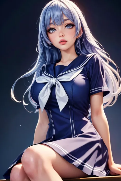 (ultra realistic,32k, masterpiece:1.2),(high detailed skin:1.1), 8k uhd, dslr, high quality,(makeup, mascara:0.9), (thick\lips\),
<lora:IzayoiMiku:0.7>IzayoiMiku, long hair, IzayoiSchool, school uniform, sailor dress, blue dress, , <lora:add_detail:0.92>, huge breast,
(looking at viewer, sitting, crossed legs, from above:1.1),,
,(refraction:1.1), blank background