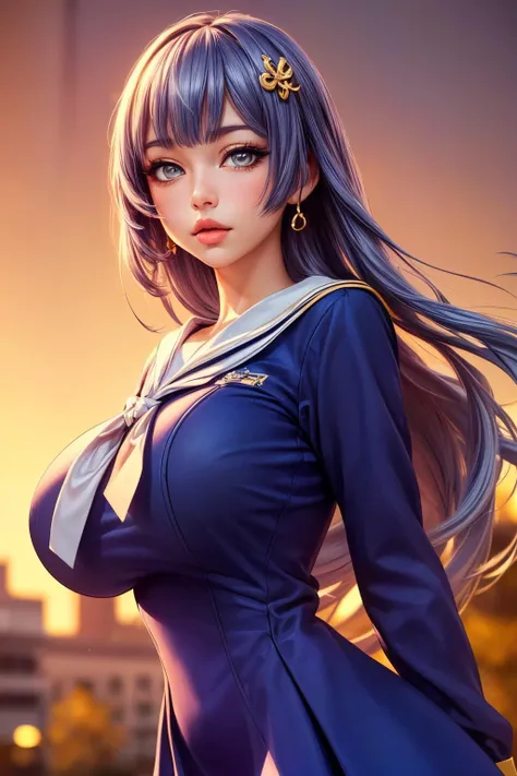 (ultra realistic,32k, masterpiece:1.2),(high detailed skin:1.1), 8k uhd, dslr, high quality,(makeup, mascara:0.9), (thick\lips\),
 <lora:IzayoiMiku:0.7>IzayoiMiku, long hair, IzayoiSchool, school uniform, sailor dress, blue dress, , <lora:add_detail:0.95>, huge breast, 
(looking at viewer, portrait:1.1),,
,(golden hour:1.1), blank background