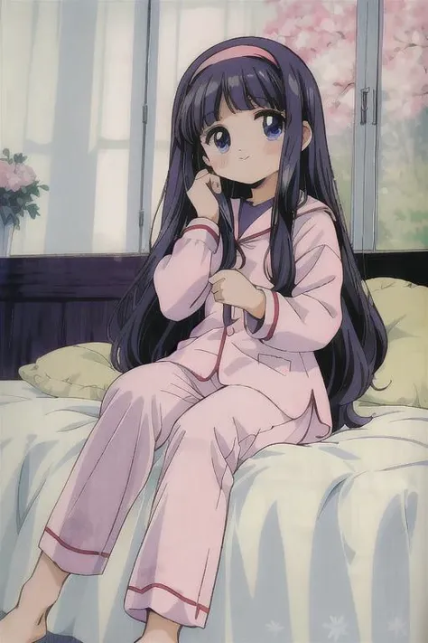 masterpiece, best quality, absurdres, high detail,<lora:GoodHands-vanilla:0.8> <lora:anmnr01:0.3> <lora:add_detail:0.5>, <lora:tomoyo_v3_locon:0.7>,daidouji tomoyo,fancy room,sitting on bed,pajamas,brushing hair,puppet