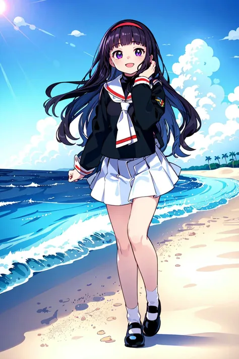 Junior high school student who looks like an elementary school student, 14 years old, very short, 140 cm tall, black hair with a slight green tinge, short ahoge, beautiful long hair but with a little hair sticking out, beautiful round eyes, blue eyes, smile, boyish, long sleeves, Thick clothes, skirt, big breasts, hair longer than waist, long hair, childish face, gentle smile, a little shy, black skirt, black hair with a slight green tinge, boyish, gentle smile, jacket one size larger, ( Deep greenish black hair: 1.3),Night, moonlight, sandy beach, walking, looking back, looking back,(Detailed depiction of the footprints in the foreground: 1.3). Footprints (sandals)