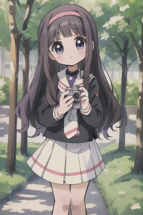 masterpiece, best quality, absurdres, high detail,<lora:GoodHands-vanilla:0.8> <lora:anmnr01:0.3> <lora:add_detail:0.5>, <lora:tomoyo_v3_locon:0.7>,daidouji tomoyo,small video camera,tomoeda elementary school uniform,looking at viewer,shooting a video,outdoor,park