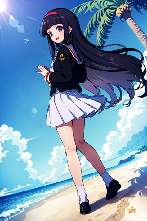 (masterpiece:1.2), best quality, ultra high res, unity 8k wallpaper, (illustration:1.0), (beautiful detailed eyes:1.6), extremely detailed face, Cinematic lighting, high contrast , clear color, (perfect hands,perfect anatomy), (dynamic angle and pose:1.3), best angle, (1girl, solo:1.5), BREAK
daidouji tomoyo, long hair, hairband, purple eyes, black hair, blunt bangs, BREAK
tomoeda elementary school uniform, skirt, school uniform, shoes, mary janes, white skirt, white sailor collar, sailor collar, pleated skirt, (black shirt:1.3), socks, black footwear, shirt, long sleeves, white socks, serafuku, red hairband, neckerchief, BREAK
smile, open mouth, BREAK
(palm tree:1.3), (ocean:1.3), (outdoors:1.2), (sky:1.2), (beach:1.4), (walking:1.3),(medium full shot:1.4),(from behind:1.1), (back focus:1.3)