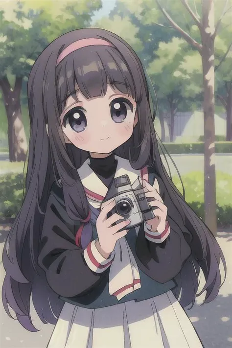masterpiece, best quality, absurdres, high detail,<lora:GoodHands-vanilla:0.8> <lora:anmnr01:0.3> <lora:add_detail:0.5>, <lora:tomoyo_v3_locon:0.7>,daidouji tomoyo,video camera,tomoeda elementary school uniform,looking at viewer,shooting a video,outdoor,park