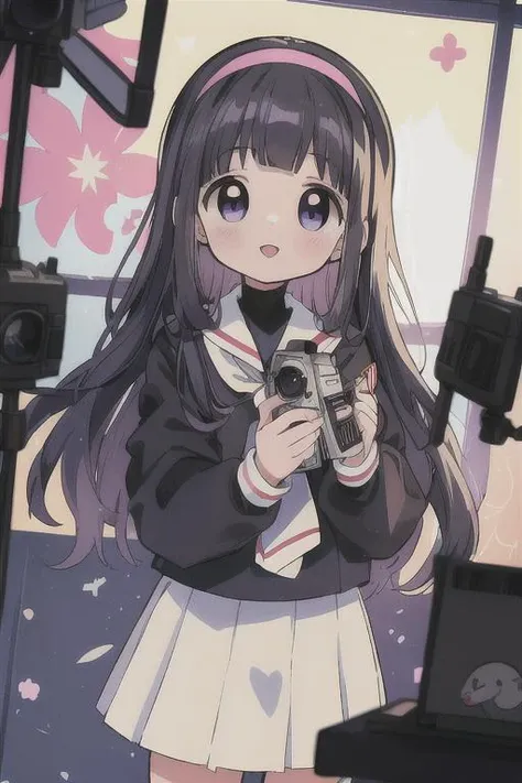 masterpiece, best quality, absurdres, high detail,<lora:GoodHands-vanilla:0.8> <lora:anmnr01:0.3> <lora:add_detail:0.5>, <lora:tomoyo_v3_locon:0.7>,daidouji tomoyo,video camera,tomoeda elementary school uniform,looking at viewer,shooting a video,camera studio