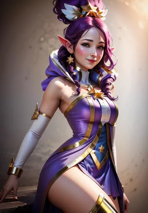 DaJi,purple hair,facial mark,pointy ears,purple eyes,lipstick,twin braids, bangs  from side,  
earrings,jewelry ,thighhighs, black thong, detached sleeves,see-through attire,cleavage cutout,  hat with hair ornament, neck collar, 
 solo,  happy,   cowboy shot, 
upper body, standing, 
battlefield, dusk, stars, night, 
(insanely detailed, beautiful detailed face, masterpiece, best quality)  <lora:DaJi:0.7>