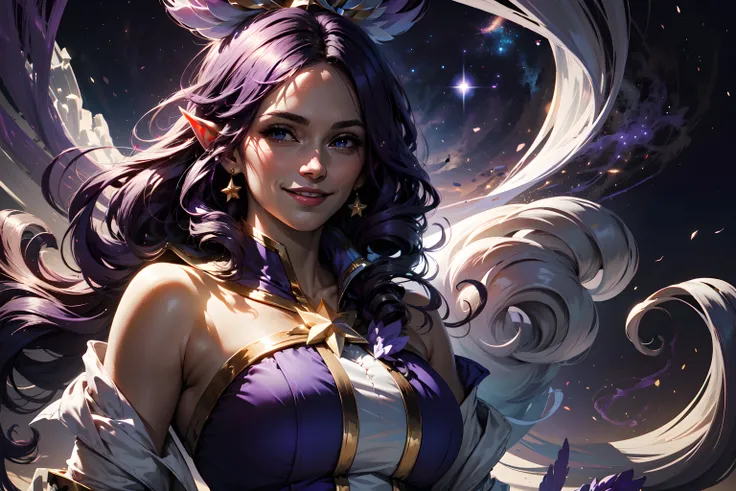 star_guardian_Janna, solo, smile, (masterpiece, best quality, absurdres, detailed, ultra-detailed:1.3), purple cosmic smoke background <lora:star_guardian_Janna:0.85>