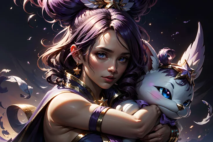 star_guardian_Janna, solo, hugging a toy star, (masterpiece, best quality, absurdres, detailed, ultra-detailed:1.3), purple smoke background <lora:star_guardian_Janna:0.85>