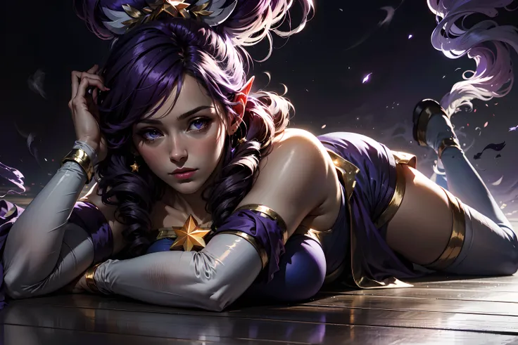 ((Cinematic light, Best quality, 8k, Masterpiece :1.3)), 1girl, Beautiful woman with thin abs :1.4, (purple hair, small breasts :1.3), rope panties, bra :1.2, hopefully falling, seductive open lips, sofa, ultra-detailed face, detailed eyes, double eyelidwork, best quality, Neeko, hair ornaments, hair flower, body paint, calango tail, trying to be sexy,(( golden bunnysuit)), showing sweaty armpits, steamy, teasing,