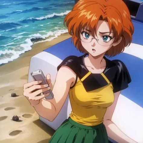 <lora:aikastylev1:0.9> , 1girl, masterpiece, best quality, extremely detailed 8K wallpaper, skin tight, ultra detailed, volumetric lighting, light, best anatomy, detailed eyes, beautiful eyes, best shadow, ultra detailed, retro artstyle, 1990s (style), anime screencap , screencap , green plated skirt, tight yellow shirt, short hair, red hair, blown eyes, glasses, green skirt, beach, sand, palm trees, town