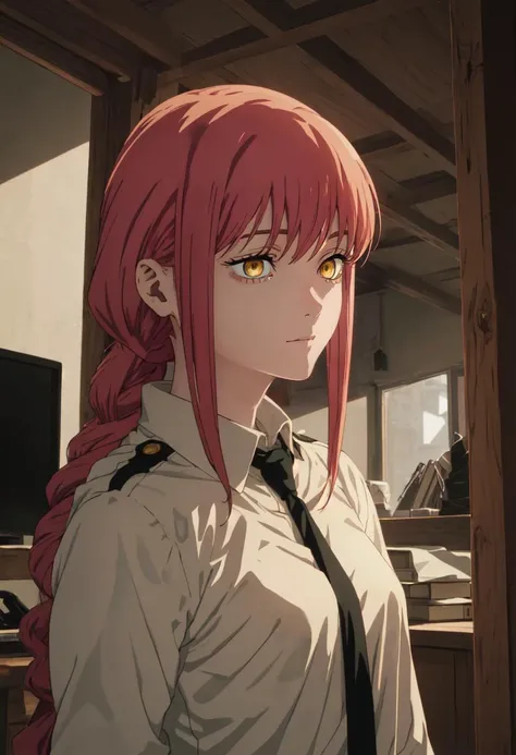 (((masterpiece))),best quality, hyper detailed, Cinematic light, intricate_detail, highres, official art, finely detailed beautiful eyes, high resolution illustration, 8k,1girl, dynamic pose,cinematic lighting, dynamic angle, intricate details,light particles,reflective hair, looking at you,textured hair, full body,makima \(chainsaw man\),red hair, long braided hair, golden eyes, bangs, medium breasts, white shirt,necktie