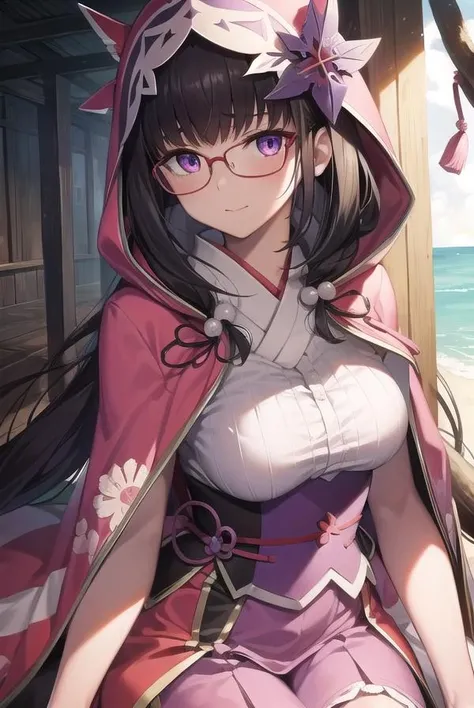 osakabehime, <lora:osakabehime-lora-nochekaiser:1>,
osakabehime, black hair, gradient hair, long hair, low twintails, multicolored hair, (purple eyes:1.1), twintails, glasses, pink-framed eyewear,
BREAK cape, detached sleeves, hood, hood up, hooded cape, obi, yes, pink skirt, sandals, sash, skirt, tabi, white legwear,
BREAK looking at viewer,
BREAK outdoors, beach,
BREAK <lyco:GoodHands-beta2:1>, (masterpiece:1.2), best quality, high resolution, unity 8k wallpaper, (illustration:0.8), (beautiful detailed eyes:1.6), extremely detailed face, perfect lighting, extremely detailed CG, (perfect hands, perfect anatomy),