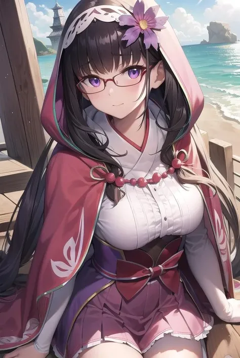 osakabehime, <lora:osakabehime-lora-nochekaiser:1>,
osakabehime, black hair, gradient hair, long hair, low twintails, multicolored hair, (purple eyes:1.1), twintails, glasses, pink-framed eyewear,
BREAK cape, detached sleeves, hood, hood up, hooded cape, obi, yes, pink skirt, sandals, sash, skirt, tabi, white legwear,
BREAK looking at viewer,
BREAK outdoors, beach,
BREAK <lyco:GoodHands-beta2:1>, (masterpiece:1.2), best quality, high resolution, unity 8k wallpaper, (illustration:0.8), (beautiful detailed eyes:1.6), extremely detailed face, perfect lighting, extremely detailed CG, (perfect hands, perfect anatomy),