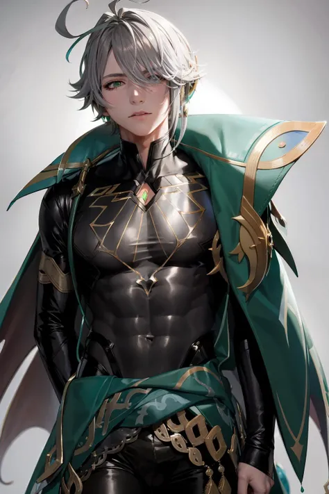 masterpiece, best quality,alhaitham\(genshin impact\), male focus, 1boy, bulge, tentacles on male, solo, tentacles, ahoge, shirt, green cape, hair over one eye, bangs, restrained, (grey background:1.4),(kbxll:0.6)