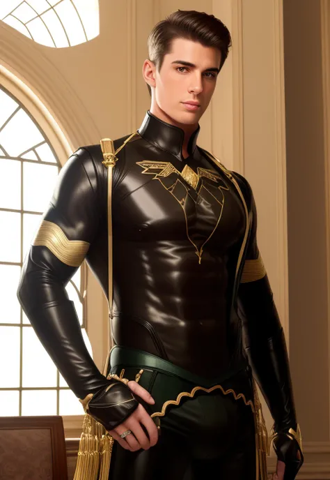 1boy, 16 ~ 20 years old, muscular male, male focus, nsfw, realistic, real person, Center Stage, the golden ratio, full length portrait, symmetrical body, sharp-featured body, tall, burly, highres, slender build, perfect anatomy, shiny skin, skin texture, whole head, see-through bangs, buzzcut hair, dark hair, oblique fringe, large bright eyes, symmetrical eyes, ahoge, straight nose, roman nose, closed mouth, straight face with no moustachesharp, jawline, double-edged polearm, broad shoulders, collarbone, large biceps, large pectorals, large areolae, large puffy nipples, normal length of an arm on one side and an arm on the other side, normal length of 5 fingers on one side and 5 fingers on the other side, thumb : index finger : middle finger : ring finger : little finger = 3.3 : 6.6 : 8.5 : 7: 3.3, making fists, nothing in hands, wide hips, aristocratic attire, bdominal stretch, slender waist, biceps implants, pectoral implants, six-pack implants, triceps, tight-fitting, adjusting stand-up collared shirt, adjusting necktie, adjusting jacket, adjusting open leather clothes, adjusting golden leather armbands, adjusting sidelocks, adjusting detached leather sleeves, adjusting leather elbow gloves, outfit accessorized with pale yellow sash, golden tracery, gold trim, adjusting leather pants, absurdly large erect penis under clothes, absurdly large scrotum with testicles under clothes, absurdly large bulge, normal length of a thin leg on one side and a thin leg on the other side, acting natural, smiling, delighted, handsome, serious, stoic, powerful, toned, solemn, enigmatic nature, stoic exterior hinted by wise and contemplative gaze, noble demeanor, stern, warm, sharp wit, full of wisdom, cheerful grin, from front, looking ahead at viewer, normal tone, masterpiece, best quality, hyper-detailed, intricate detail, ornate, gorgeous, appealing, unbuttoned, professional photography, 3D, smooth, sharp focus, matte, elegant, bright, 8k resolution, the most beautiful image ever seen, technique highly detailed, dreamatic lighting, beautiful, post processing, diffuse, ambient lighting, epic composition, ultrawide shot, light effect, up colse portraits of, low angle, high angle, atmospheric, uplight, upscalsed, wallpaper, raytracing reflections, depth of field, gorgeous background, in the bedroom or in the office, on the sofa or on the bed <lora:GenshinImpactAlhaitham_v10:1>