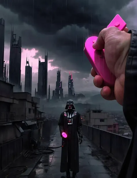 masterpiece, best quality, very aesthetic, absurdres,
<lora:remocon_SDXL_V2:0.6> pov hand holding pink remote control against dark vador with red remote controller, closer look at viewer, upper body, cyberpunk cityscape, science fiction, ligthning in the clouds,
firestorm, global illumination, stunning effects, dark, dramatic, cinematic, evil, dark clouds, extreme storm, rain, dirt, <lora:Blade_Runner_2049_Loha:0.6> very wet,