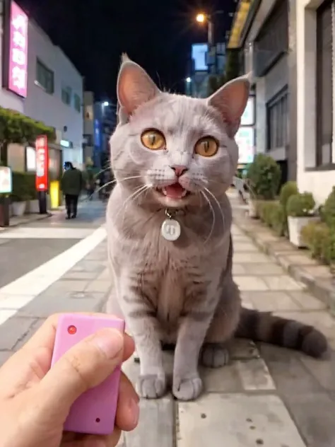 masterpiece, best quality, very aesthetic, absurdres,
a grey cat, solo, accessories, shame, open mouth, looking at viewer, pov, street, city lights, cityscape,
remote controller, remote control, holding,
<lora:remocon_SDXL_V2:0.8>