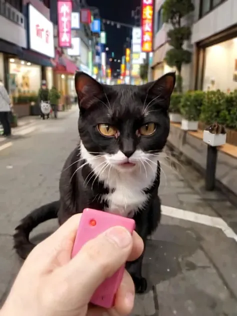 masterpiece, best quality, very aesthetic, absurdres,
a black and white cat, solo, accessories, shame, open mouth, looking at viewer, pov, street, city lights, cityscape,
remote controller, remote control, holding,
<lora:remocon_SDXL_V2:0.8>