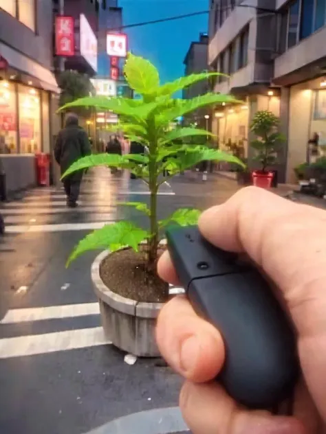 masterpiece, best quality, very aesthetic, absurdres,
a green plant, pov, street, city lights, cityscape,
remote controller, remote control, holding,
<lora:remocon_SDXL_V2:0.8>