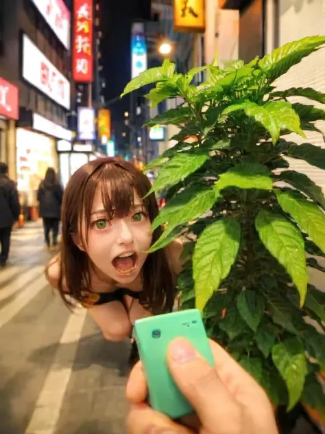 masterpiece, best quality, very aesthetic, absurdres,
a green plant, open mouth, funny face, looking at viewer, pov, street, city lights, cityscape, extreme extasy,
remote controller, remote control, holding,
<lora:remocon_SDXL_V2:0.8>