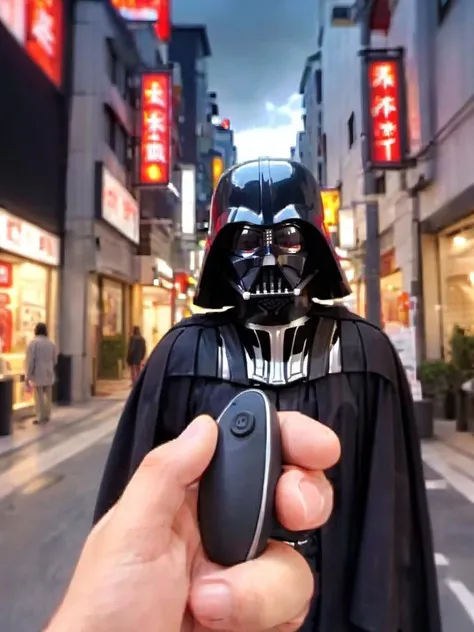 masterpiece, best quality, very aesthetic, absurdres,
dark vador, open mouth, funny face, looking at viewer, pov, street, city lights, cityscape, extreme extasy,
remote controller, remote control, holding,
<lora:remocon_SDXL_V2:0.8>