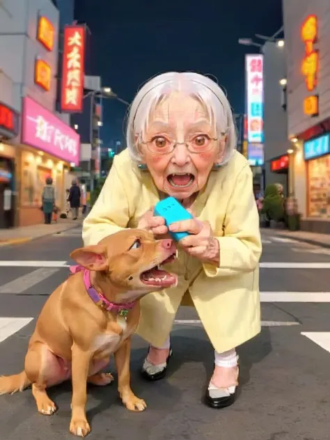 masterpiece, best quality, very aesthetic, absurdres,
an ugly old woman with her dog, kawaii accessories, shame, open mouth, funny face, looking at viewer, pov, street, city lights, cityscape, extreme extasy,
remote controller, remote control, holding,
<lora:remocon_SDXL_V2:0.8>