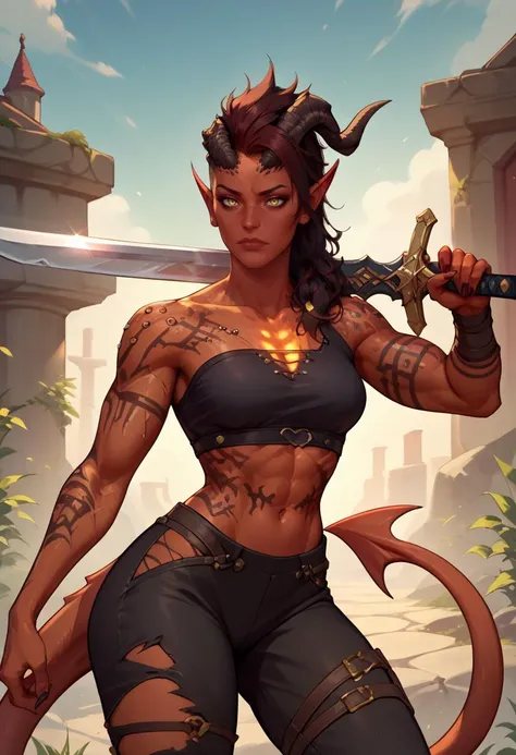 score_9, score_8_up, score_7_up, 1girl, solo, KarlachBG3, colored skin, demon girl, tail, yellow eyes, tattoo, <lora:KarlachBG3PDXL_V1-Manityro-adamw:1.0>, outdoors, fantasy, burning village, dark, night, starry sky, looking at viewer, serious, toned, 6 pack abs, crop top, black pants, torn pants, leather armor, straps, shoulder pads, greatsword, weapon over shoulder, hand up, fighting stance