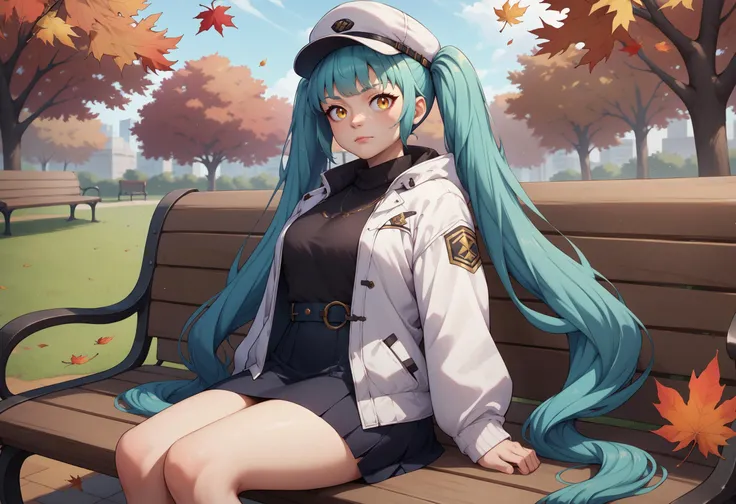 score_9, score_8_up, score_7_up, score_6_up, BREAK wide shot,outdoors,park bench,autumn leaves,sitting,privatycasual, yellow eyes, aqua hair, twintails, very long hair, white headwear, white jacket, black sweater, black skirt <lora:privaty-nikke-richy-v1_pdxl:0.8>