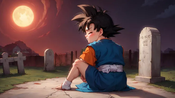 score_9,rating_explicit,highly emotional,tearful expression,mourning,(1girl),(casual attire),creator's death,sorrowful,alone,dark background,tribute,respect,despondent,grieving,heartbreaking,emotional intensity,saddened by the death of Akira toriyama,full body,graveyard setting,little son goku,child son goku,looking back at viewer,black hair,closed eyes,japanese clothes,weeping over the grave,
