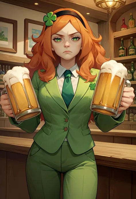 score_9, score_8_up, score_7_up, source_anime, 1girl, vivianjames, unamused, looking at viewer, holding beer mug, four-leaf clover hair ornament, hairband, formal, green suit, green necktie, green pants, indoors, bar \(place\) <lora:4chan_vivianjames_ponyXL:1>