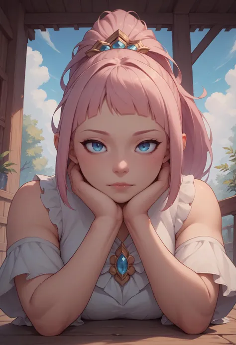 score_9, score_8_up, score_7_up, score_6_up, score_5_up, score_4_up, rating_explicit, BREAK, resting head on hands, <lora:felicia-fe-richy-v1_xl:.85> feliciarnd, tanga pink hair, ponytail, blue eyes,