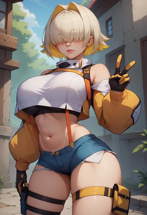 score_9, score_8_up, score_7_up, score_6_up, BREAK elegg, short hair, bangs, hair intakes, multicolored hair, hair over eyes, crop top, bare shoulders, long sleeves, suspenders, midriff, navel, short shorts, thigh strap, large breasts, gloves,v <lora:elegg-nikke-richy-v1_pdxl:0.8>