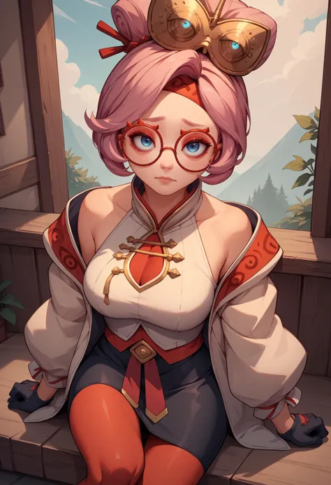 score_9, score_8_up, score_7_up, score_6_up, score_5_up, score_4_up, rating_explicit, BREAK, slouching, <lora:purah-pdxl-nvwls-v1:.95> purah, hair ornament, red headband, red glasses, sleeveless shirt, white coat, black skirt, red leggings, gloves,, boyshort pink hair, ponytail, blue eyes,