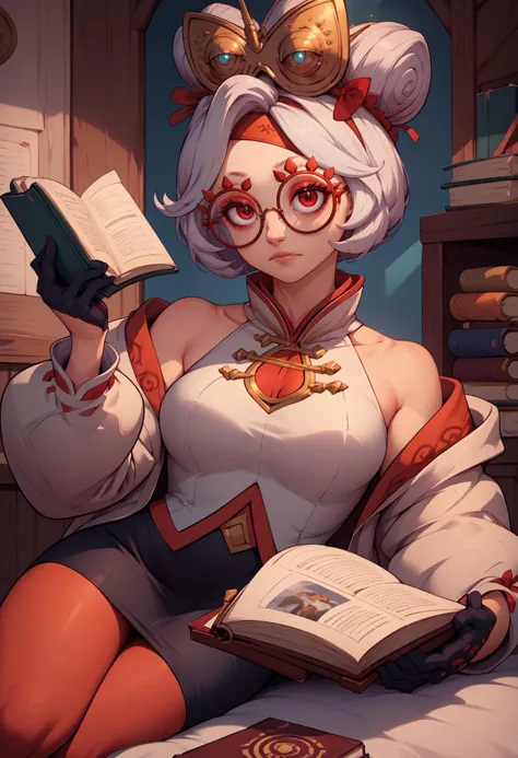 score_9, score_8_up, score_7_up, score_6_up, score_5_up, score_4_up, rating_questionable, BREAK, reading a book, <lora:purah-pdxl-nvwls-v1:.95> purah, hair ornament, red headband, red glasses, sleeveless shirt, white coat, black skirt, red leggings, gloves,, hopeful <lora:mfcgXL:.5>