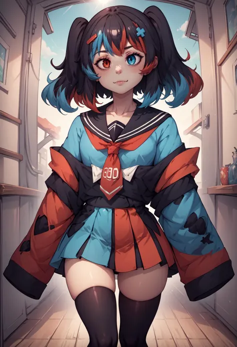 score_9, score_8_up, score_7_up, score_6_up, score_5_up, score_4_up, rating_questionable, BREAK, thoughtful pose, <lora:SwitchchanXLPD:.95> Switchchan, heterochromia, sailor collar, sleeves past wrists, sleeves past fingers, school uniform, shirt, serafuku, black thighhighs, :q <lora:mfcgXL:.5>