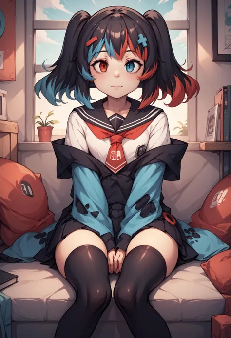 score_9, score_8_up, score_7_up, score_6_up, score_5_up, score_4_up, rating_questionable, BREAK, sitting with hands around her ankles, <lora:SwitchchanXLPD:.95> Switchchan, heterochromia, sailor collar, sleeves past wrists, sleeves past fingers, school uniform, shirt, serafuku, black thighhighs, relieved