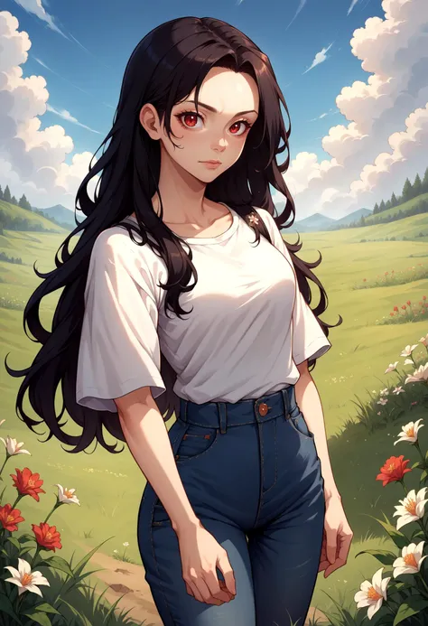 score_9, score_8_up, source_anime, 1girl, solo, looking at viewer, cowboy shot, medieval, grass, flower field, cloudy sky, red eyes, long hair, black hair, shirt, jeans,