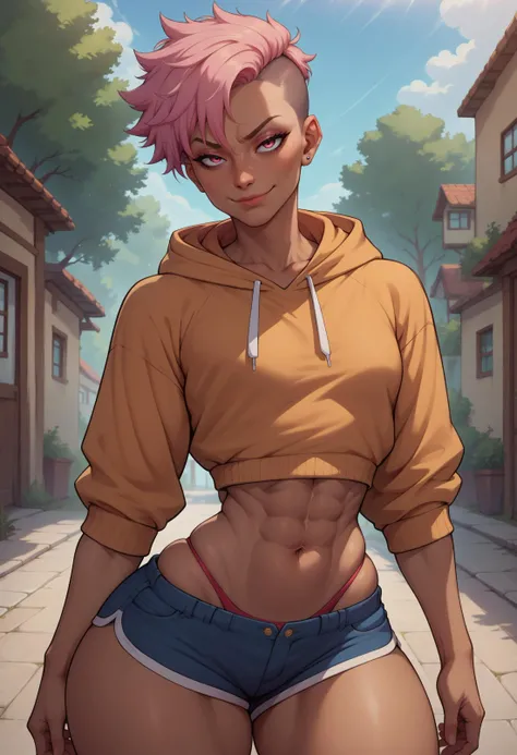 score_9, score_8_up, score_7_up, score_6_up, BREAK tomboy,dark skin,cropped hoodie,midriff,wide hips,thick thighs,small breasts,toned,skindentation,shorts,high-waist panties,undercut,pink hair,smug