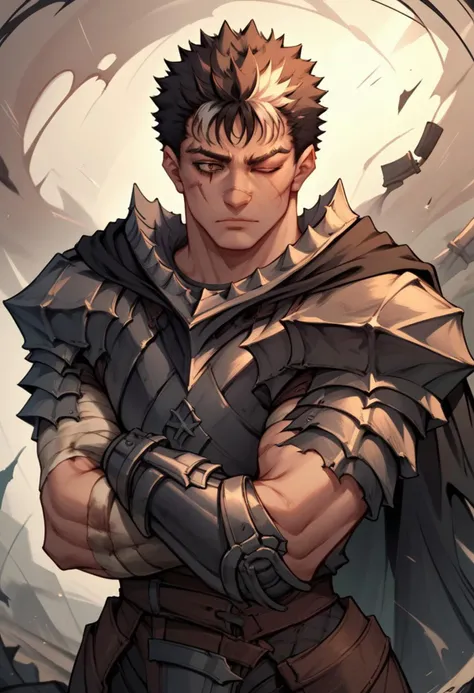 zPDXL, score_9, score_8_up, score_7_up, score_6_up, score_5_up, source_anime, 4k, absurdres, 1boy, solo,
Guts_Armor, brown eyes, short hair, multicolored hair, spiked hair, black armor, shoulder armor, gauntlets, greaves, bandaged arm, black cape, torn cape, scar on nose, one eye closed, muscular male, wasteland background