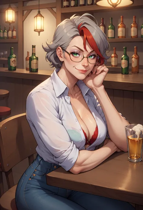 score_9, score_8_up, score_7_up, score_6_up, BREAK dim lighting,from side,mature female,sitting at table,jeans,buttoned shirt,unbuttoned,bra peek,glasses,red hair,grey hair,green eyes,freckles,streaked hair,elbow rest,in a bar,smirk,alcohol